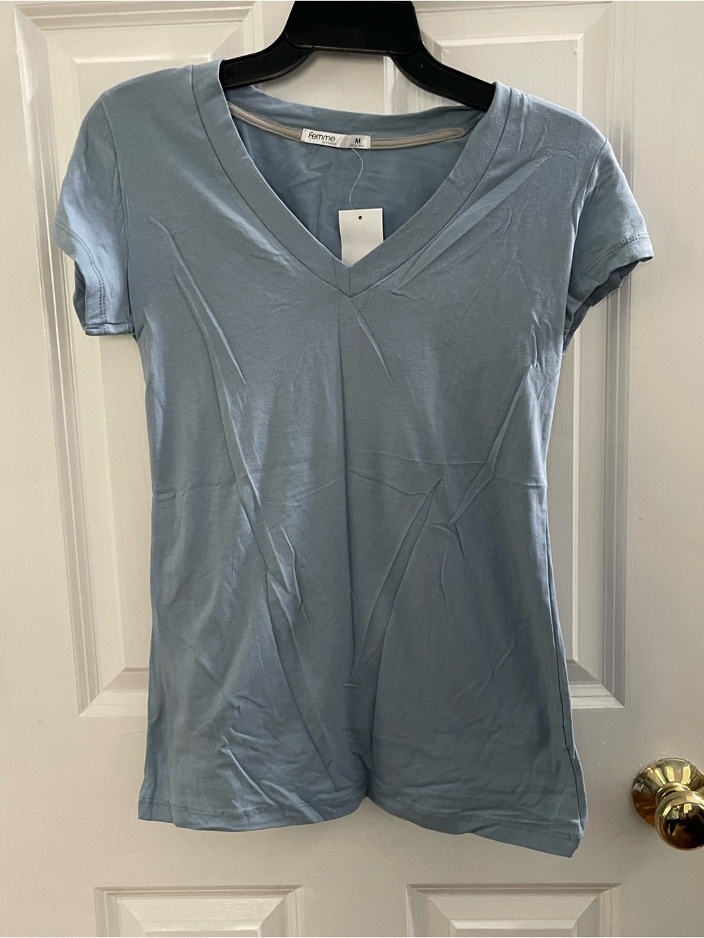 Femme V‑Neck Short Sleeve Tee in Light Blue